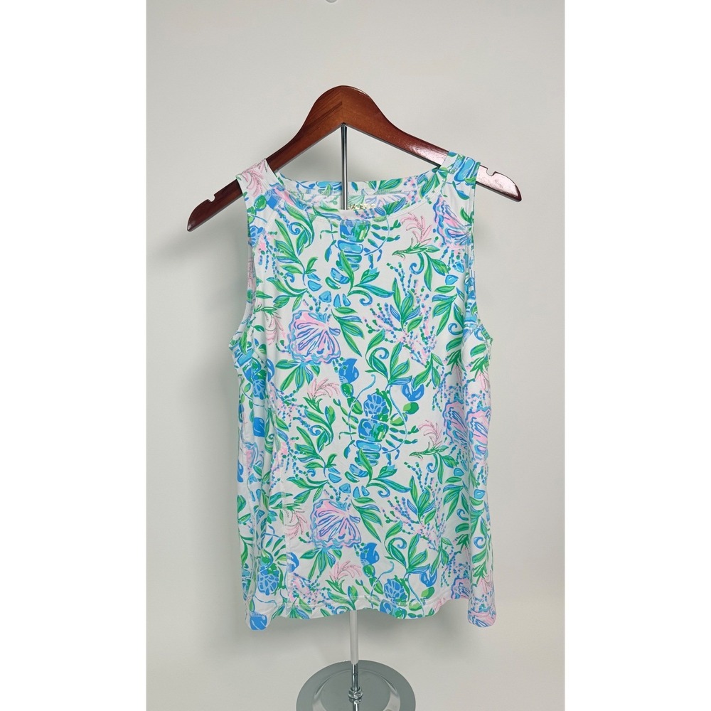 Lilly Pulitzer Luxletic Tank Top Women's Large UPF 50 Tropical Floral White Blue